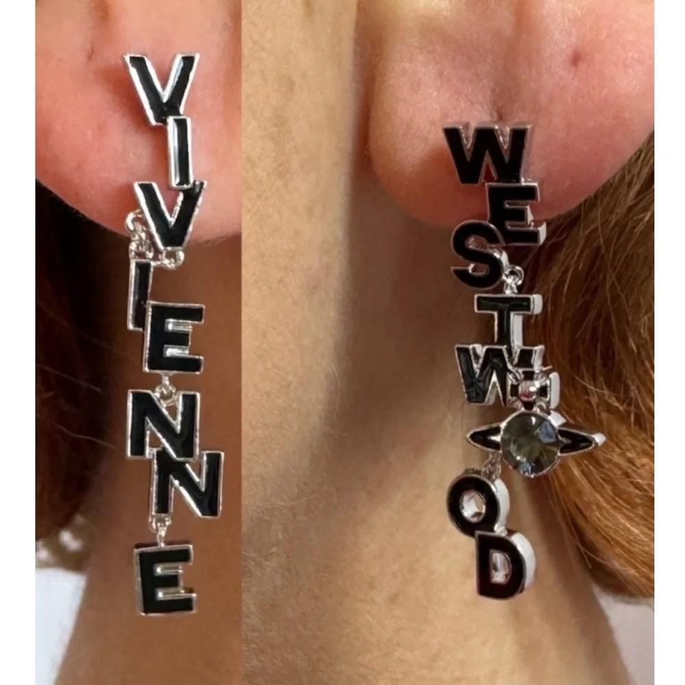 VIVIENNE WESTWOOD Soho Enamel Drop Logo Letter Earrings Blue Silver Crystal Orb - Picture 2 of 14